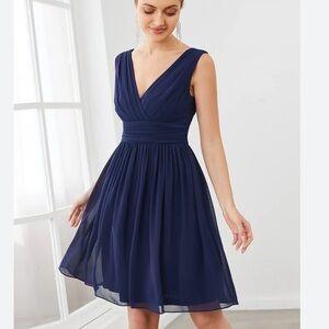 SUITE 7 Blue Chiffon V-Neck Rosette Waist Midi Length Dress NWOT